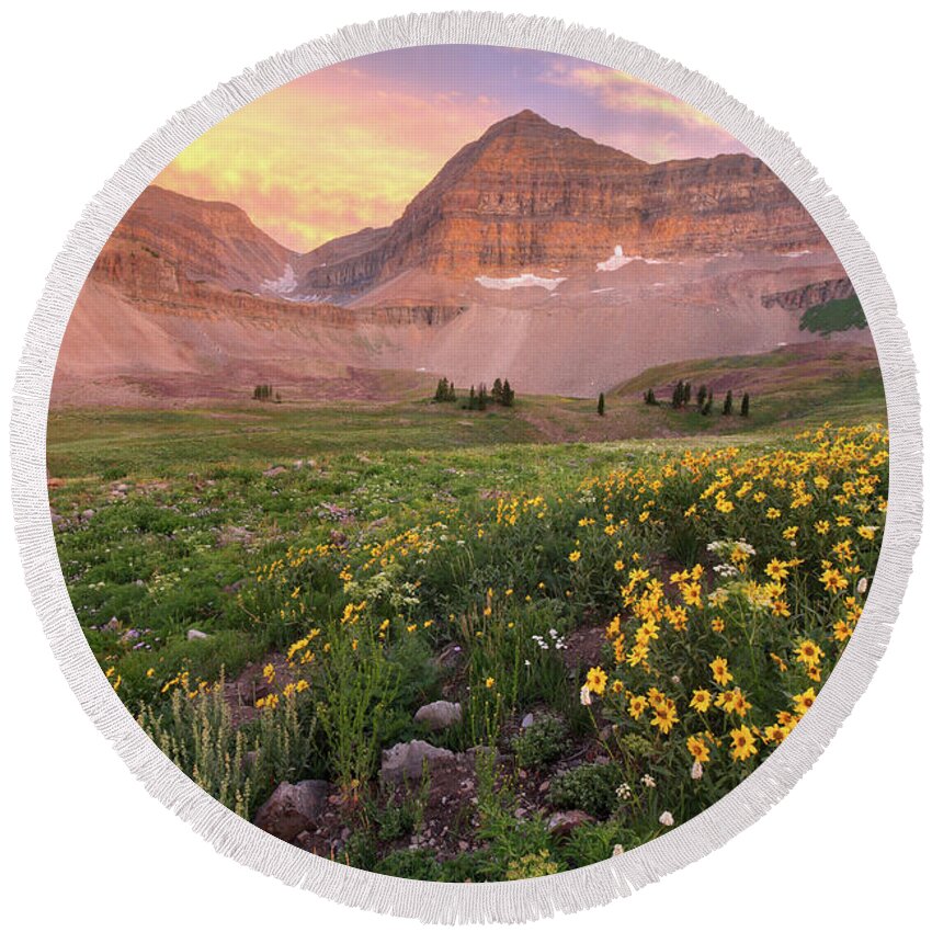 Utah Round Beach Towel featuring the photograph Mount Timpanogos Wildflower Sunset - Utah by Brett Pelletier