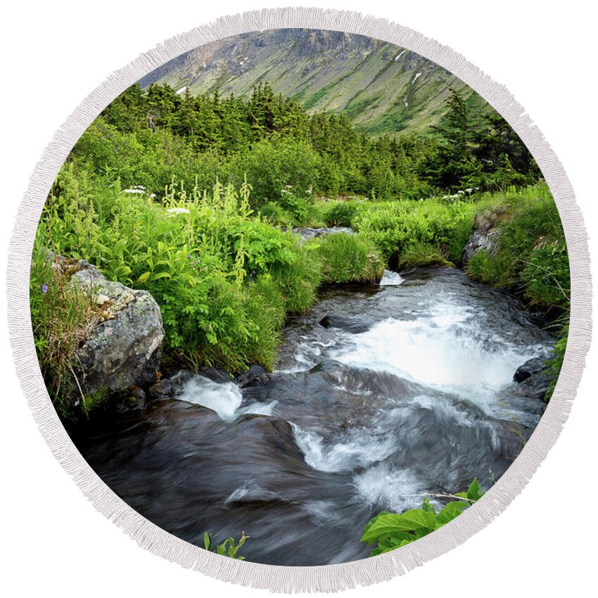 Alaska Round Beach Towel featuring the photograph Mountain Creek in Early Summer by Tim Newton