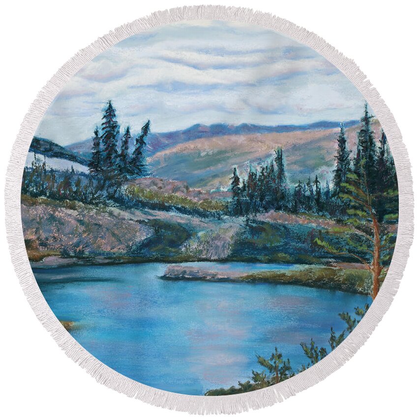 Mountain Round Beach Towel featuring the painting Mountain Lake by Mary Benke