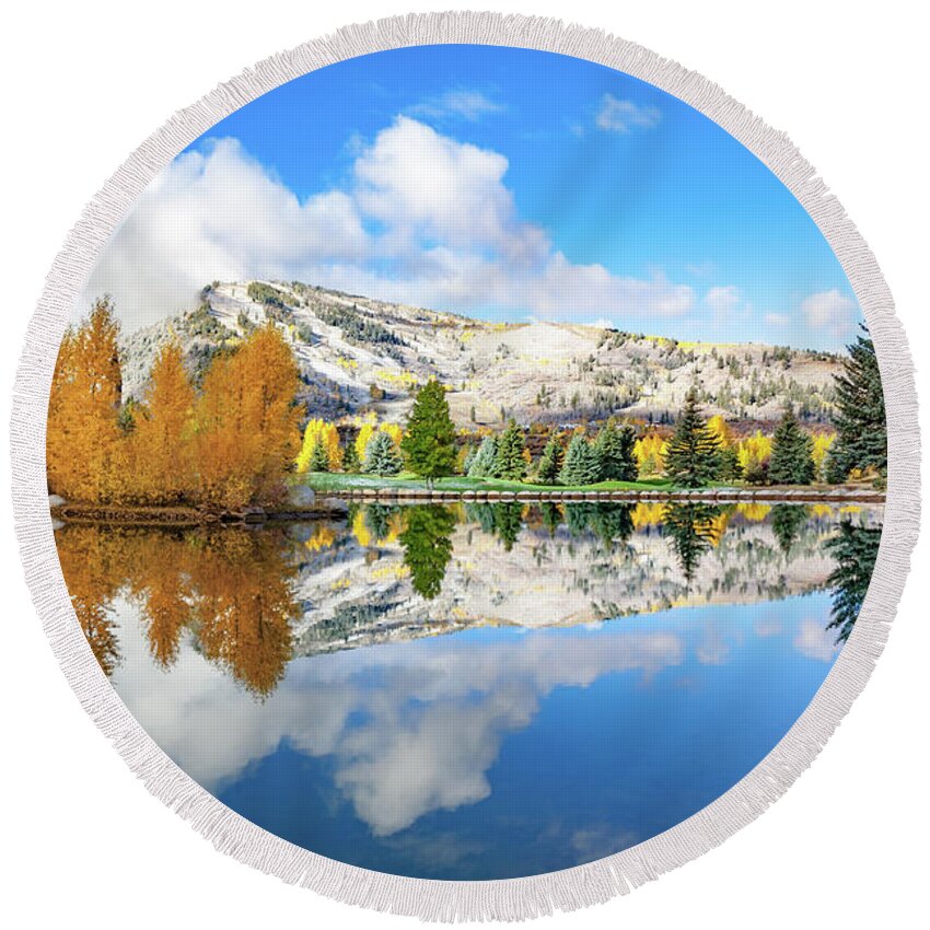 America Round Beach Towel featuring the photograph Mountain Landscape Reflections - Aspen Colorado Snowmass Village by Gregory Ballos