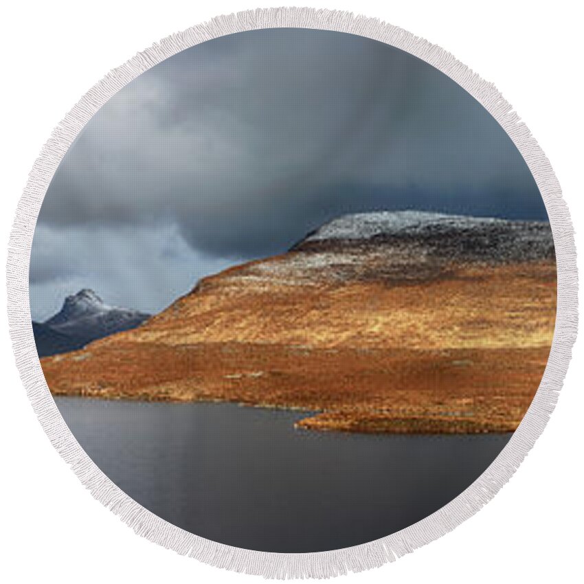 Mountains Round Beach Towel featuring the photograph Mountain Pano from Knockan Crag by Grant Glendinning