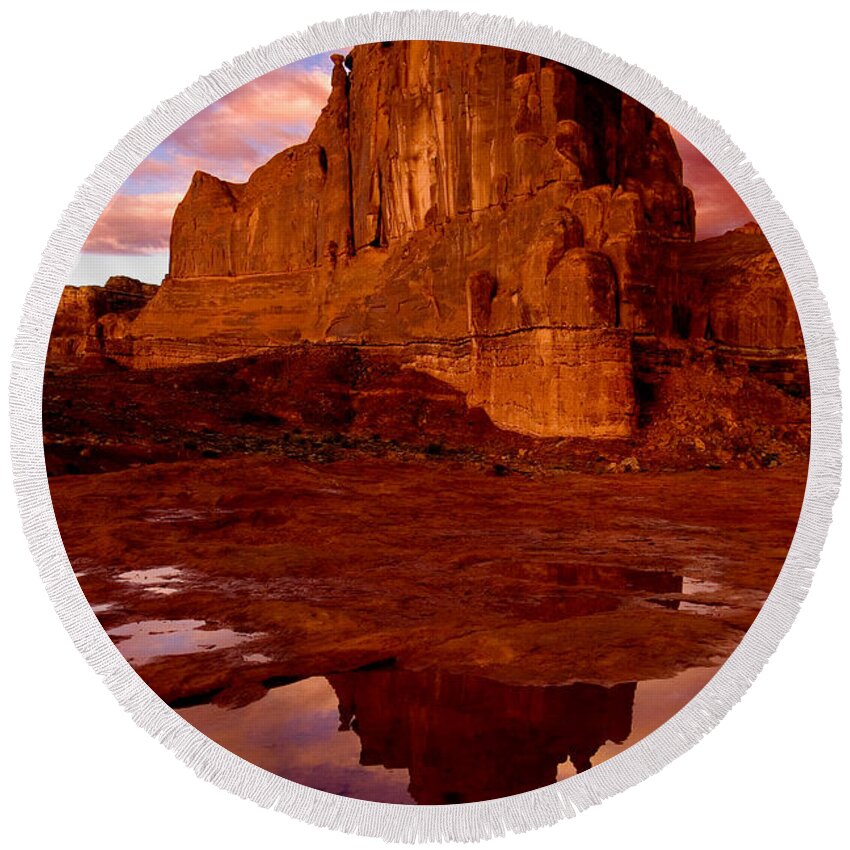 Sunrise La Sal Mountains Round Beach Towel featuring the photograph Mountain Sunrise Reflection by Harry Spitz