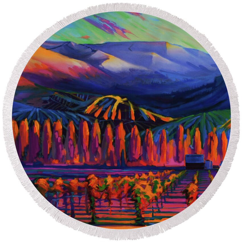 Landscape Round Beach Towel featuring the painting Mountain Vineyards, Chelan, Wa, USA by Gregg Caudell