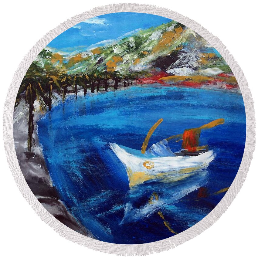 Velebit Round Beach Towel featuring the painting MOUNTAINS AND SEA Croatia by Lidija Ivanek - SiLa