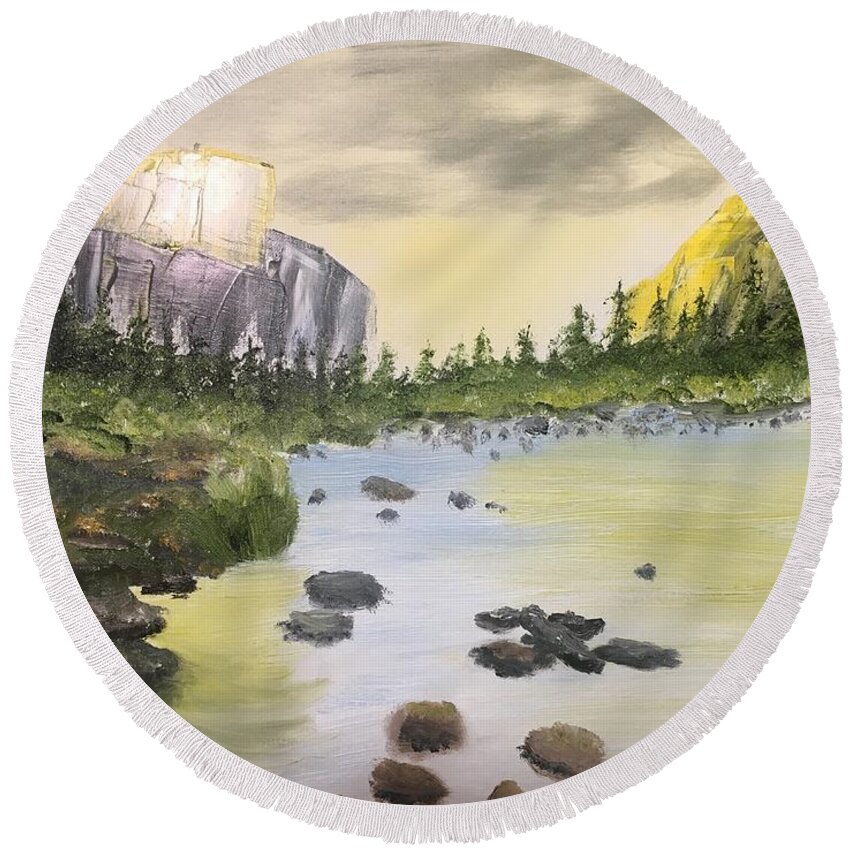 Mountains Round Beach Towel featuring the painting Mountains and Stream by David Bartsch