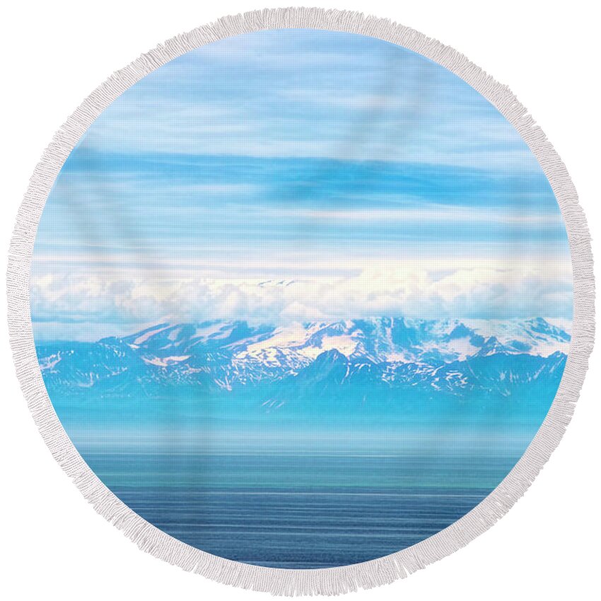 Ninilchik Alaska Round Beach Towel featuring the photograph Mountains Clouds and Water by David Arment