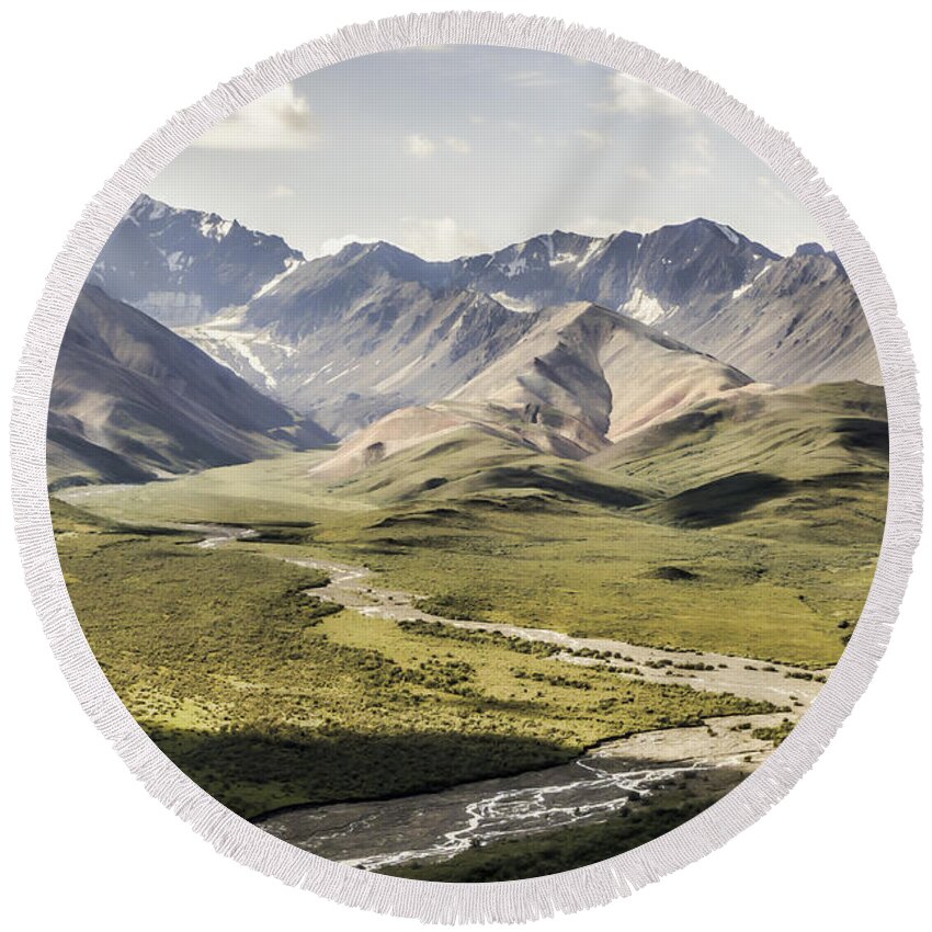 Mountains In Denali National Park Round Beach Towel featuring the photograph Mountains in Denali National Park by Phyllis Taylor