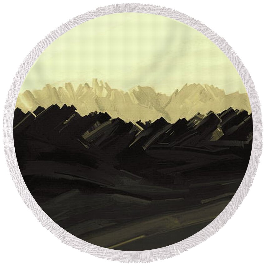 Digital Hand-drawn Painting Round Beach Towel featuring the digital art Mountains of the Mohave by Tim Richards