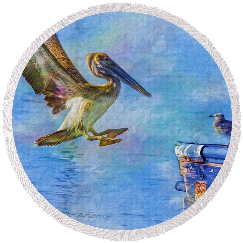 Pelican Round Beach Towel featuring the photograph Move Over by Deborah Benoit