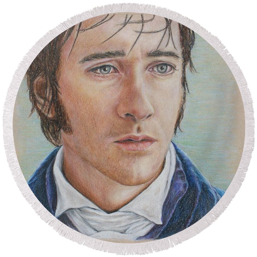 Mr. Darcy Round Beach Towel featuring the drawing Mr. Darcy by Christine Jepsen
