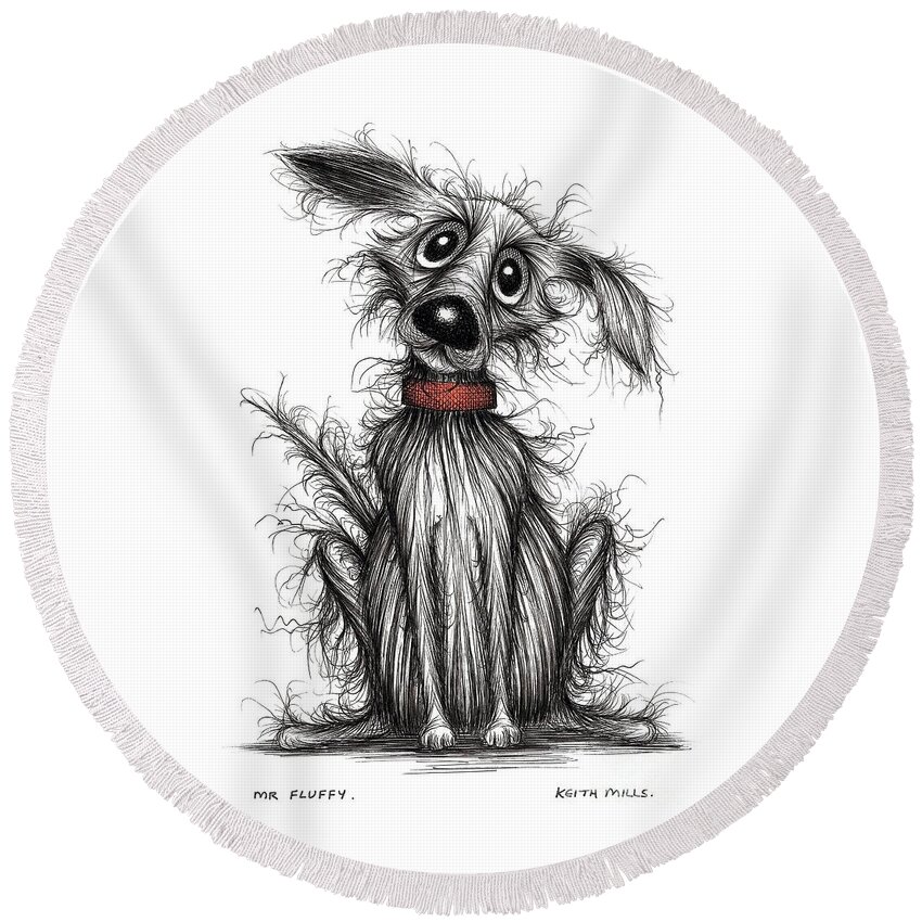 Mr Fluffy Round Beach Towel featuring the drawing Mr Fluffy by Keith Mills
