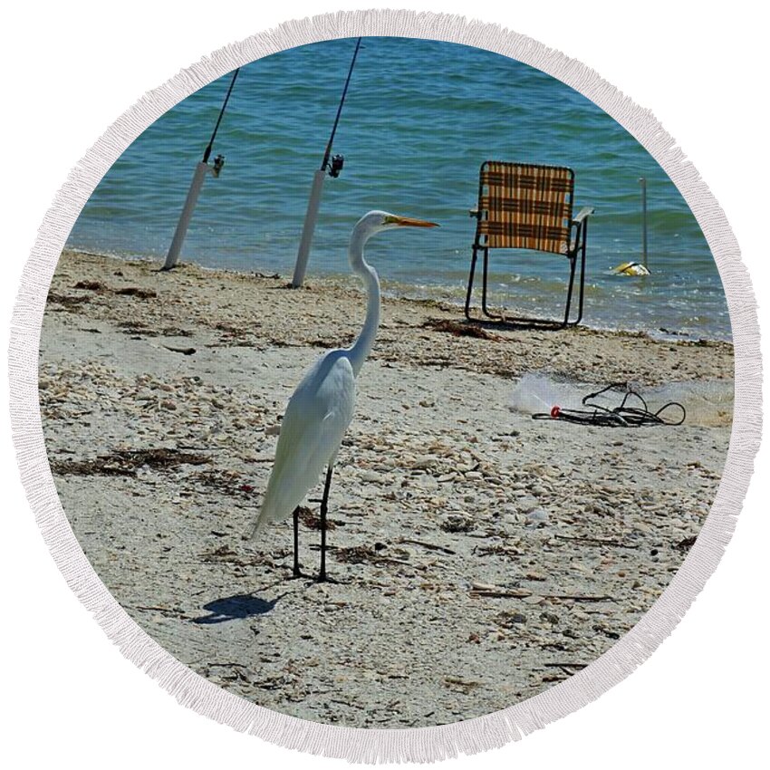 Great White Heron Round Beach Towel featuring the photograph Mr. Persistence by Michiale Schneider