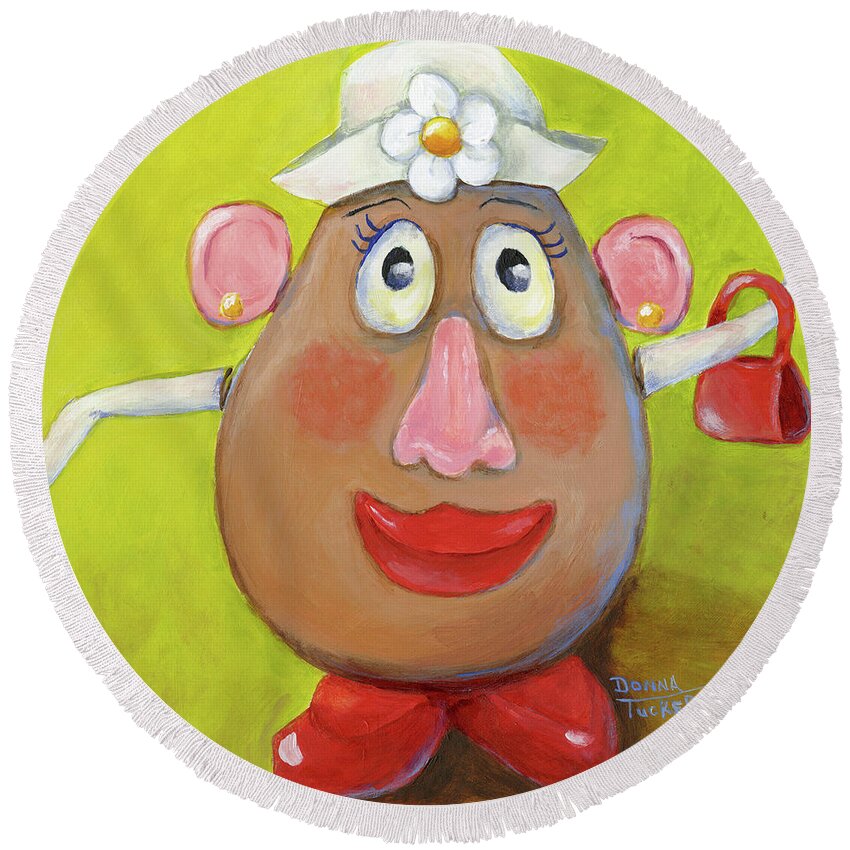 Toy Round Beach Towel featuring the painting Mrs. Potato Head by Donna Tucker