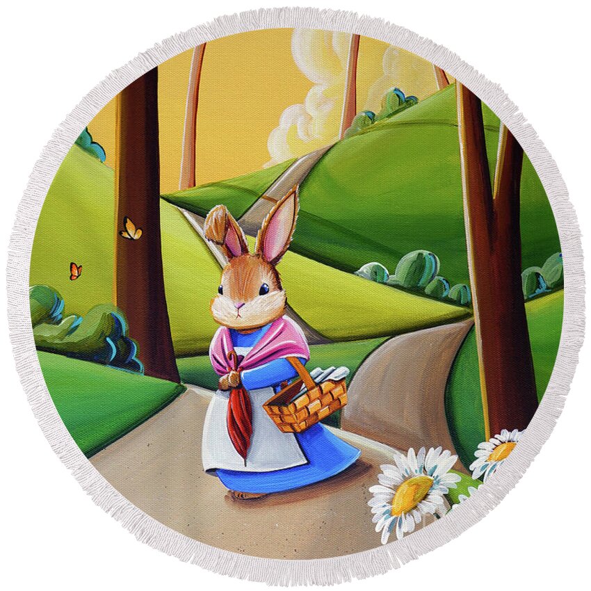Peter Rabbit Round Beach Towel featuring the painting Mrs. Rabbit Heads Out by Cindy Thornton