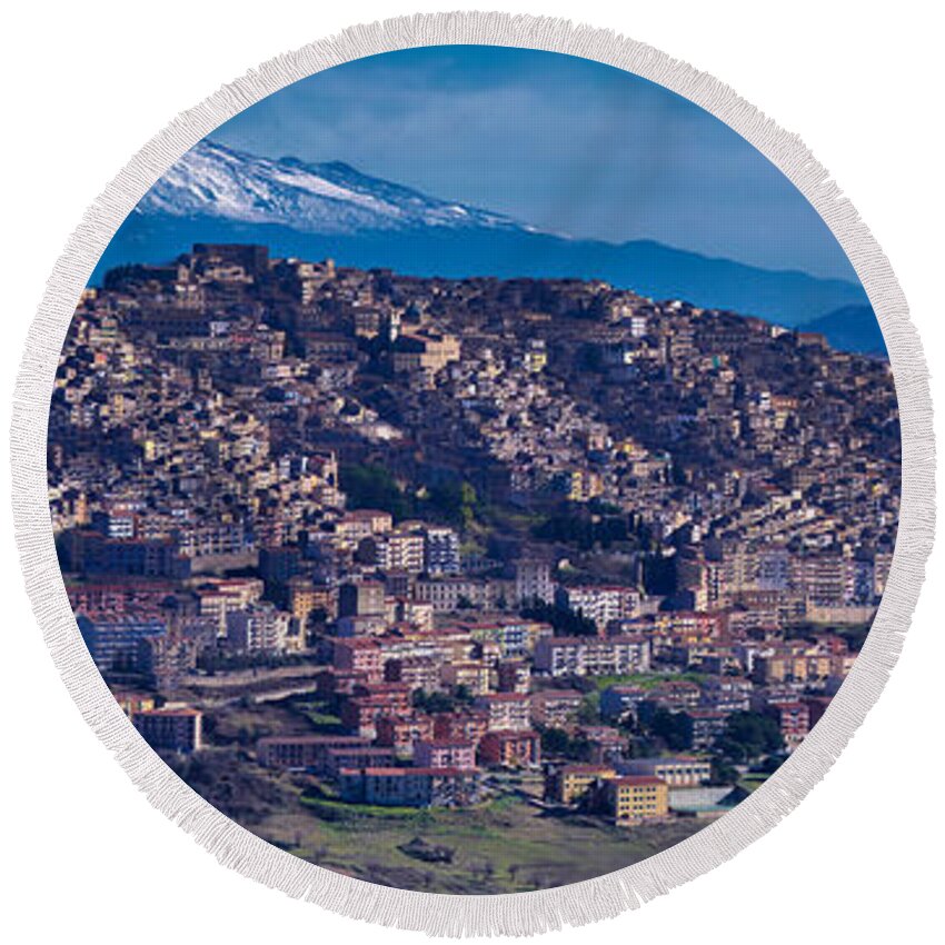 Volcano Round Beach Towel featuring the photograph Mt. Etna and Gangi by Richard Gehlbach