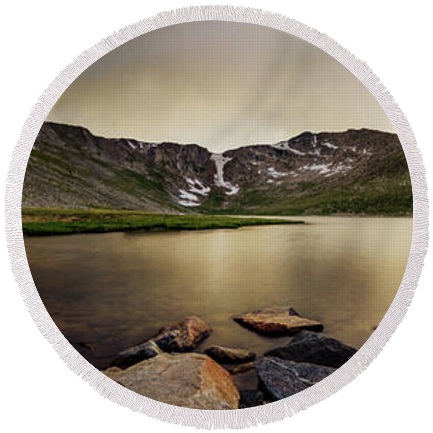 American West Round Beach Towel featuring the photograph Mt. Evans Summit Lake by Chris Bordeleau