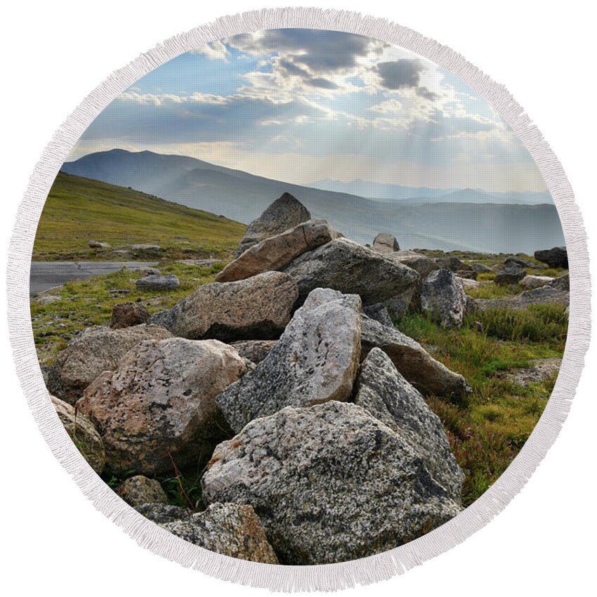 Mt. Evans Round Beach Towel featuring the photograph Mt. Evans Sunset by Ray Mathis