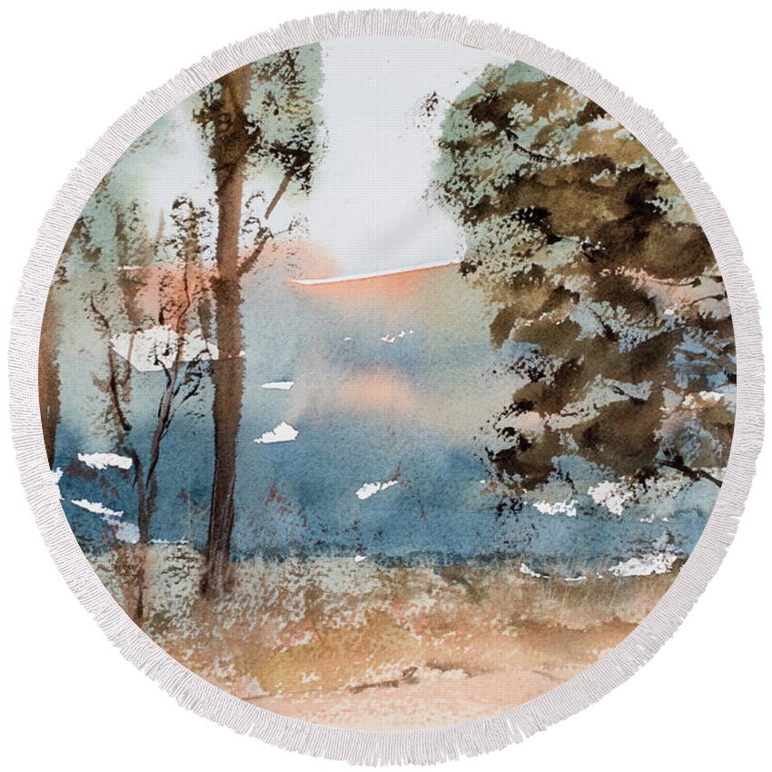 Mt Field National Park Round Beach Towel featuring the painting Mt Field Gum Tree Silhouettes against Salmon coloured Mountains by Dorothy Darden