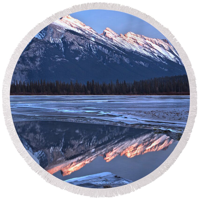 Rundle Round Beach Towel featuring the photograph Mt Rundle Pink Peak Reflections by Adam Jewell