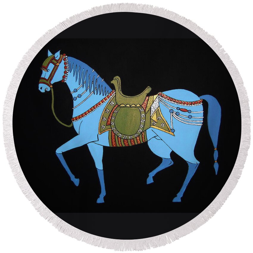 Horse Round Beach Towel featuring the painting Mughal Horse by Stephanie Moore