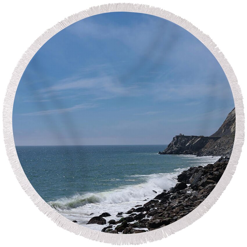 Central Coast May 2018 Round Beach Towel featuring the photograph Mugu Rock and Sea by Jeff Hubbard