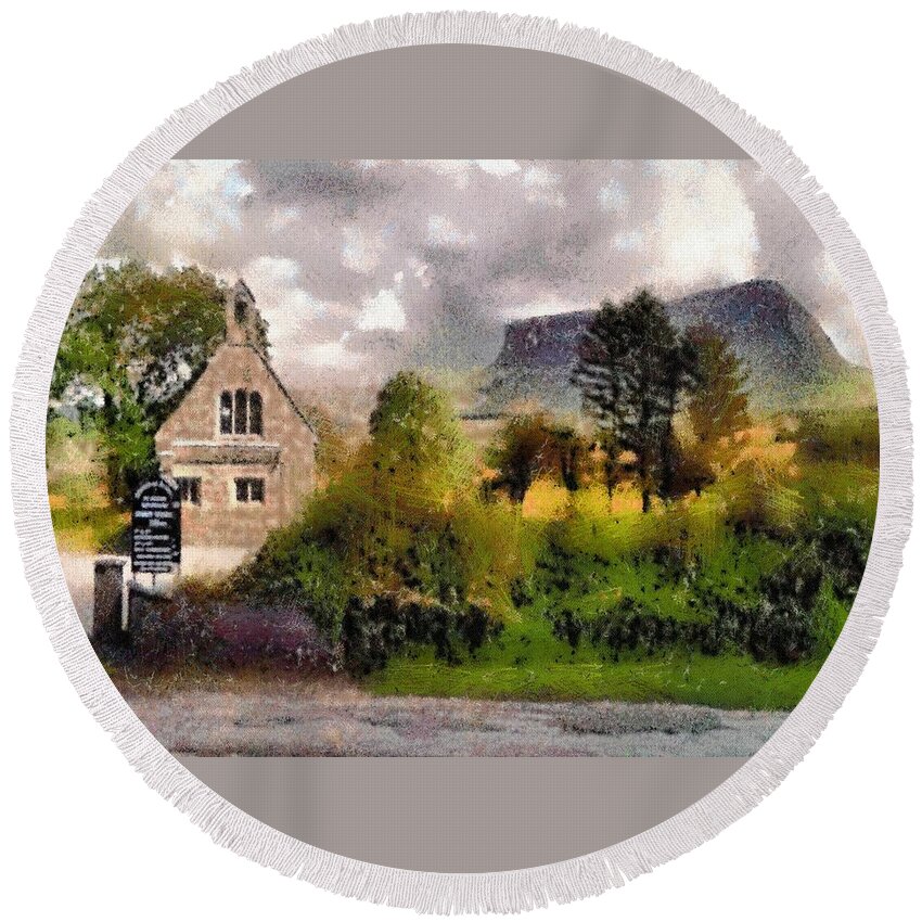 Landscape Round Beach Towel featuring the digital art Mullaghnaneane Church and Ben Bulben by Charmaine Zoe