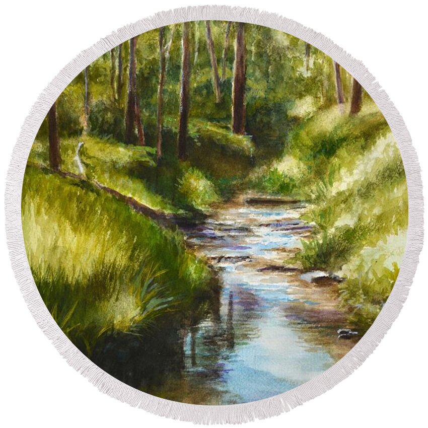 Creek Round Beach Towel featuring the painting Mullum Mullum Creek on a Sunny Sunday Morning by Dai Wynn