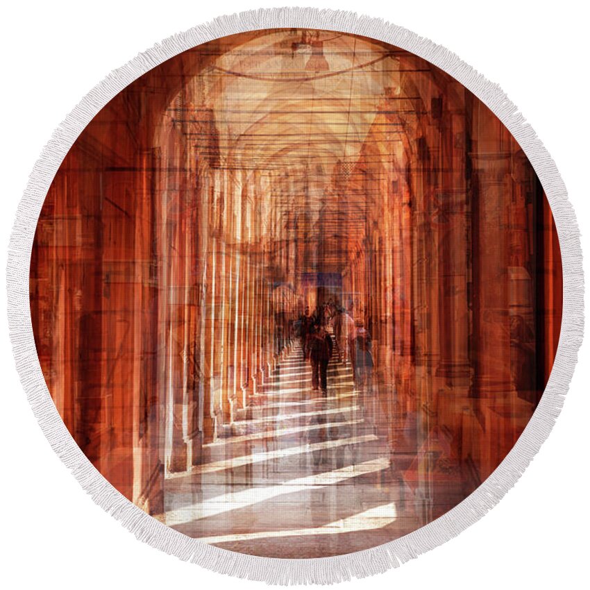 Italy Round Beach Towel featuring the photograph multiple exposure of street arcade, Italy by Ariadna De Raadt