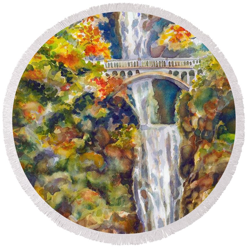 Painting Round Beach Towel featuring the painting Multnomah Falls by Ann Nicholson