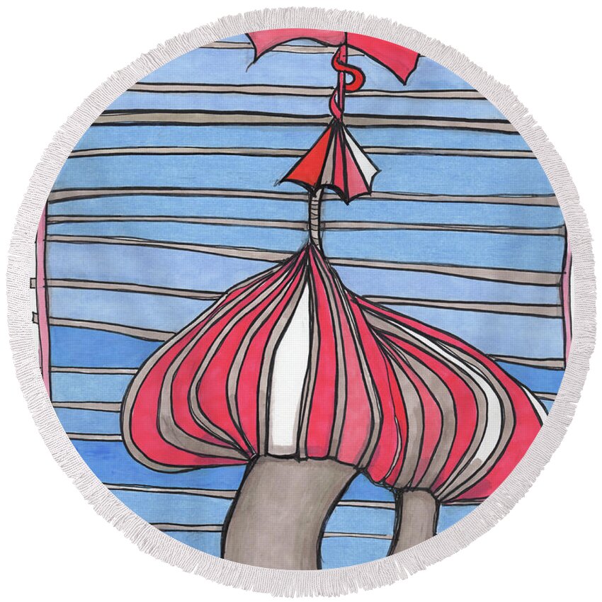 Abstract Round Beach Towel featuring the mixed media Mushroom Roofs by Sandra Church