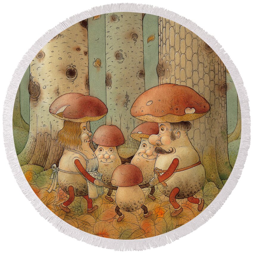 Mushrooms Landscape Forest Autumn Round Beach Towel featuring the painting Mushrooms by Kestutis Kasparavicius