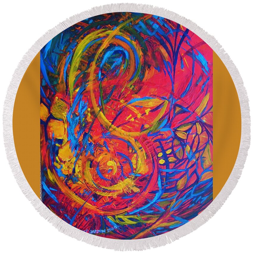 Abstract Round Beach Towel featuring the painting Music by Jeanette Jarmon