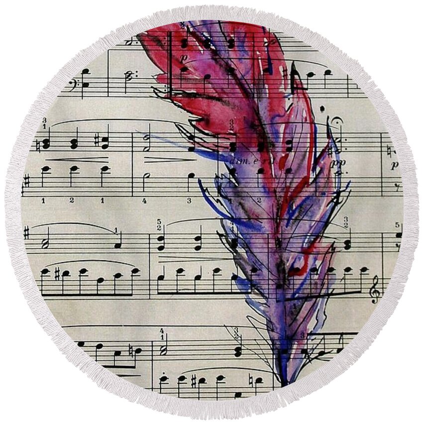 Feather Round Beach Towel featuring the mixed media Musical Feather by Tracey Lee Cassin