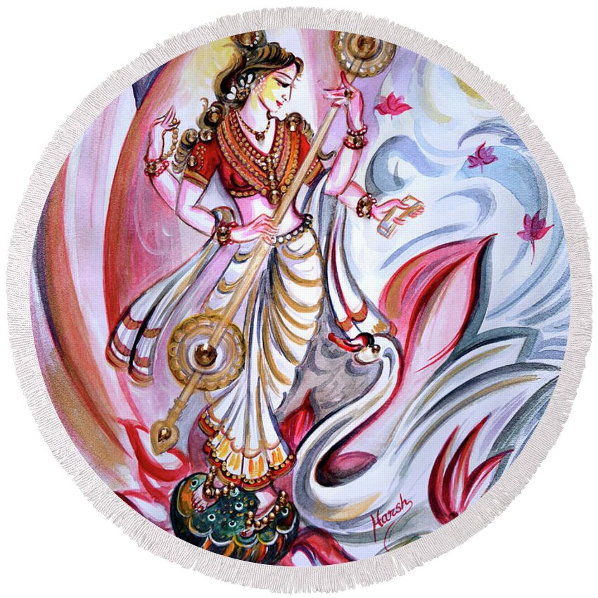 Saraswati Round Beach Towel featuring the painting Musical Goddess Saraswati - Healing Art by Harsh Malik