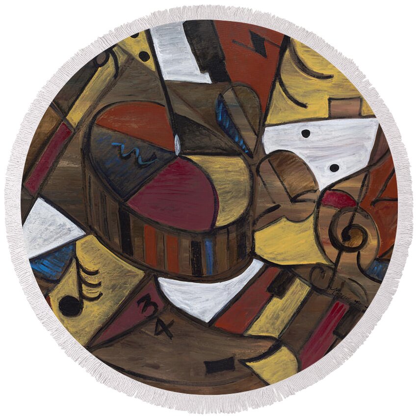 Brown Round Beach Towel featuring the painting Musicality in Brown by Nadine Rippelmeyer