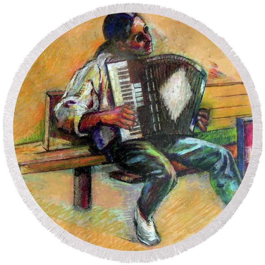 Music Round Beach Towel featuring the drawing Musician With Accordion by Stan Esson
