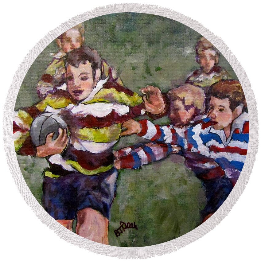 Soccer Round Beach Towel featuring the painting My Ball by Barbara O'Toole