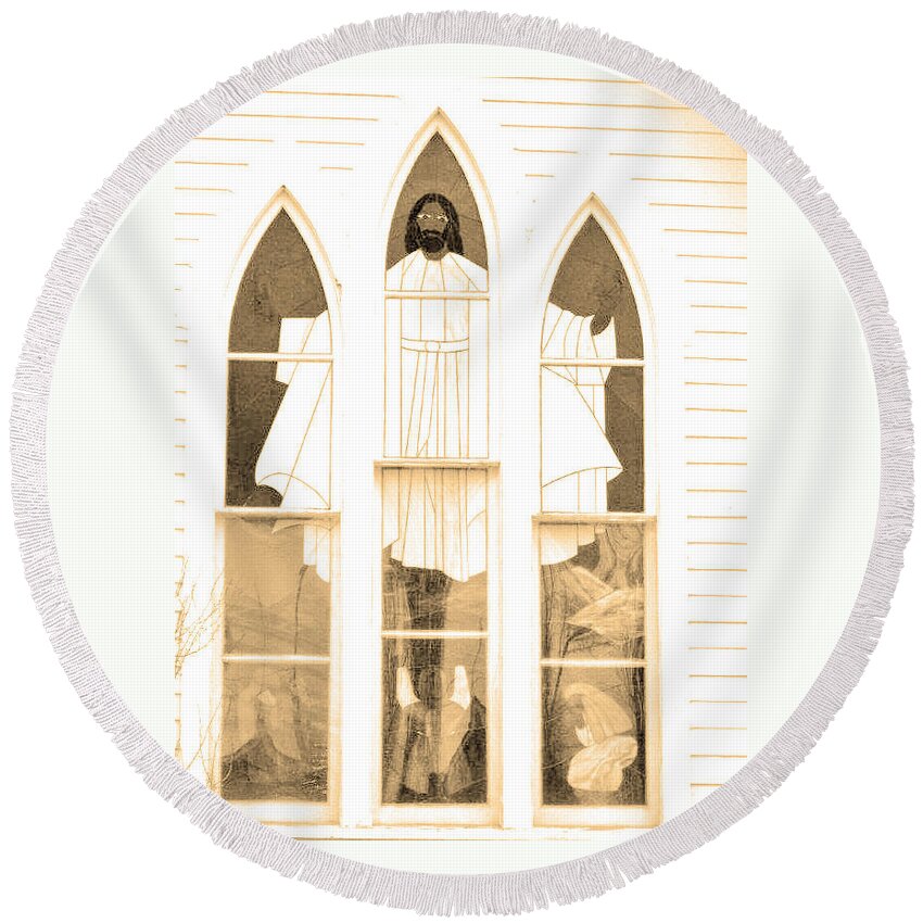 Abstract Round Beach Towel featuring the photograph My Fathers Church Window by Lenore Senior
