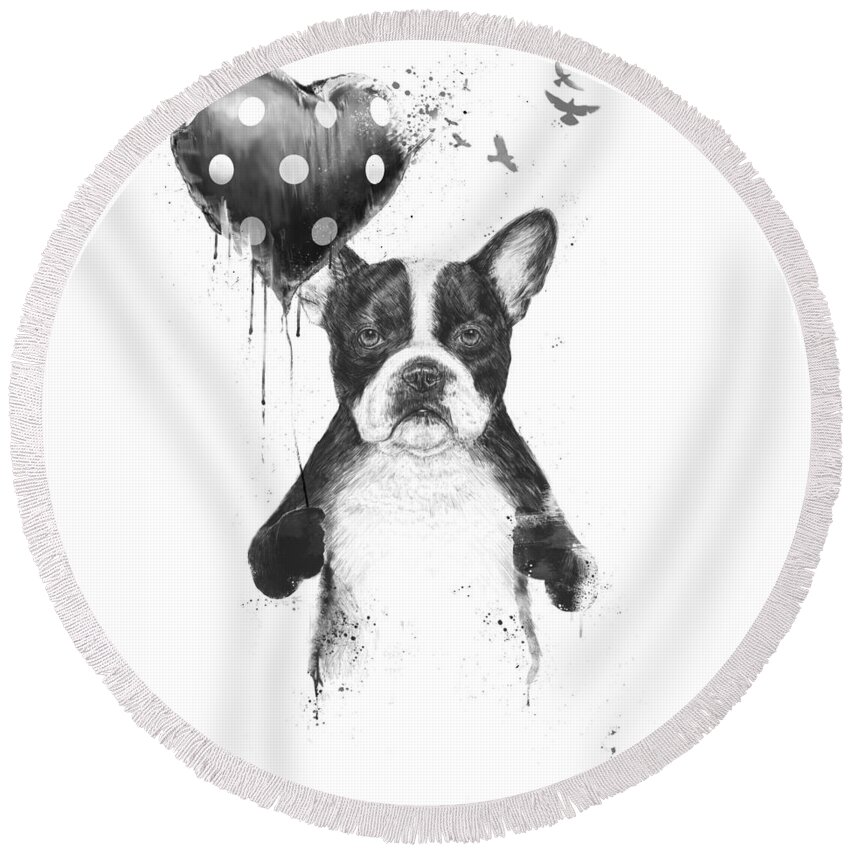 Bulldog Round Beach Towel featuring the mixed media My heart goes boom by Balazs Solti