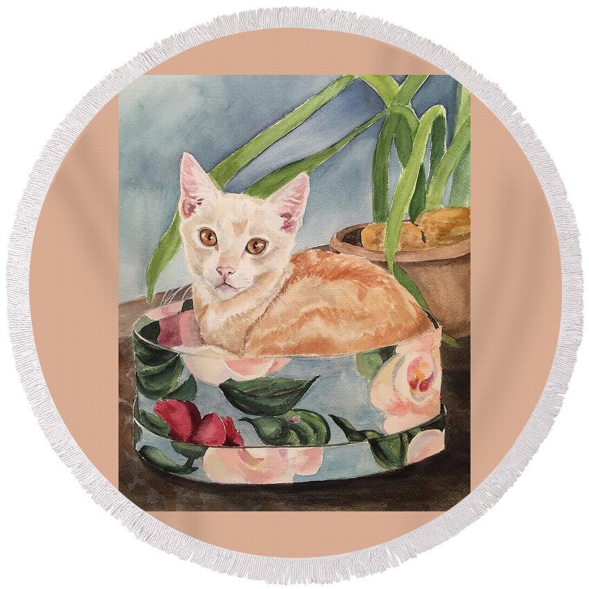 Cat Round Beach Towel featuring the painting My Heart Holds a Cat by Brenda Kennerly Lannis