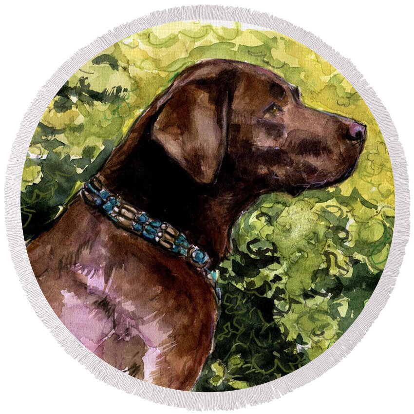 Chocolate Labrador Retriever Round Beach Towel featuring the painting My Lucky Charm by Molly Poole