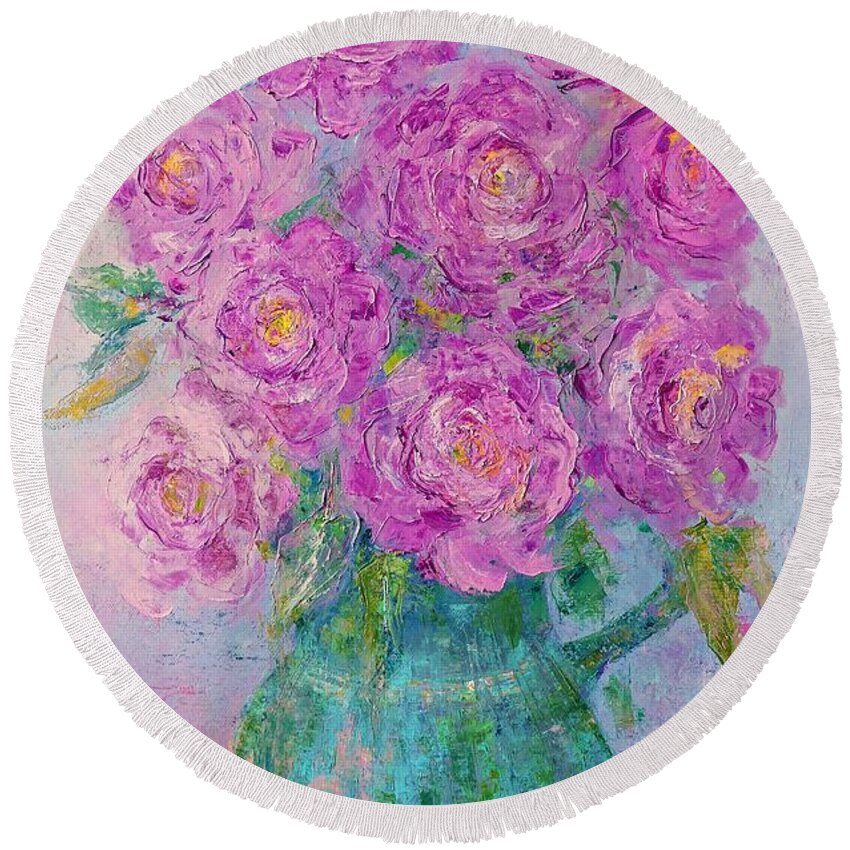 Painting Round Beach Towel featuring the painting My Summer Roses by Amalia Suruceanu