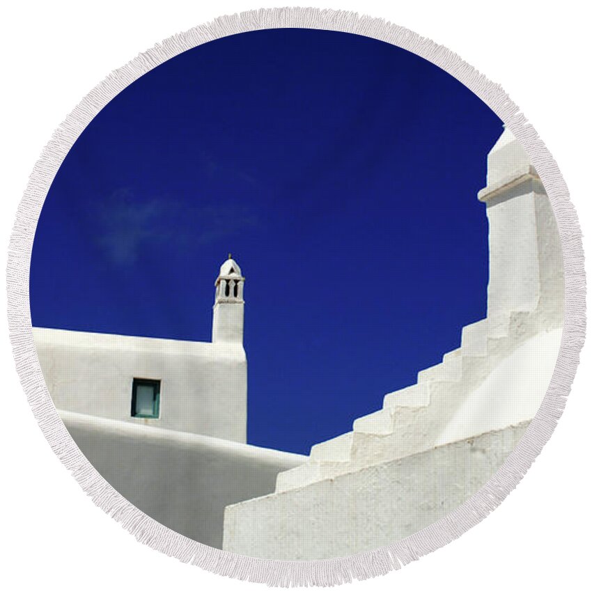 Architecture Round Beach Towel featuring the photograph Mykonos Greece Architectual Line 5 by Bob Christopher