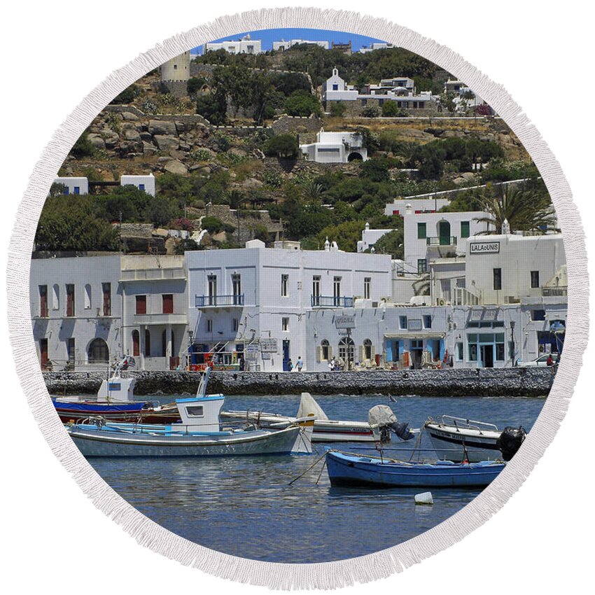 Harbor Scene Round Beach Towel featuring the photograph Mykonos Harbor Scene by Sally Weigand