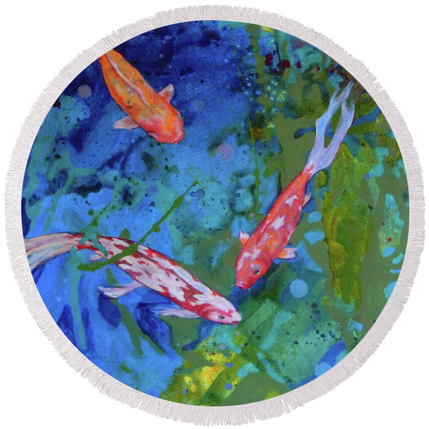 Contemporary Art Round Beach Towel featuring the painting Mysterious Koi by Sharon Nelson-Bianco