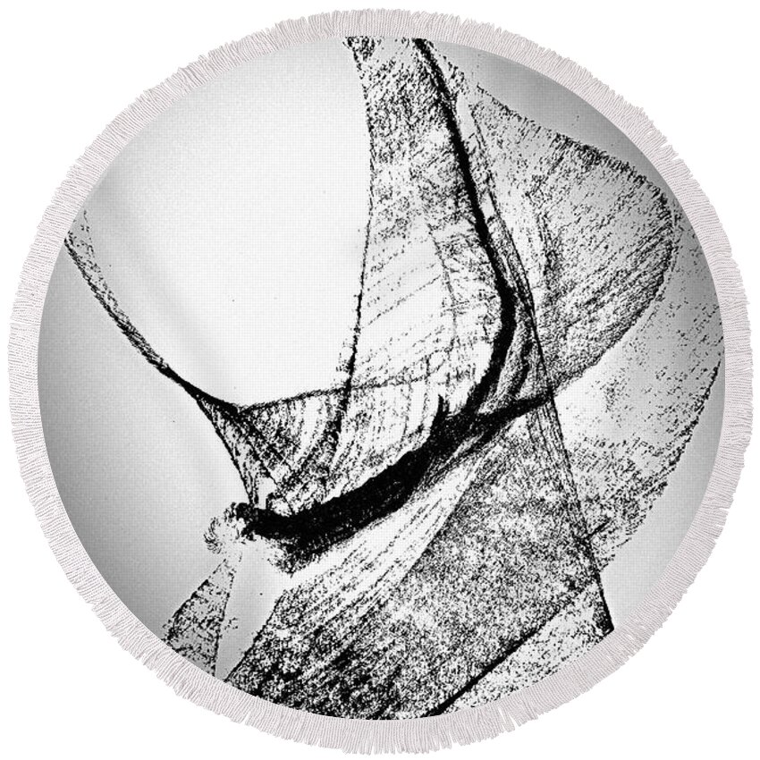 Black Ink On White Paper Round Beach Towel featuring the painting Mysterious Lady by Joan Reese