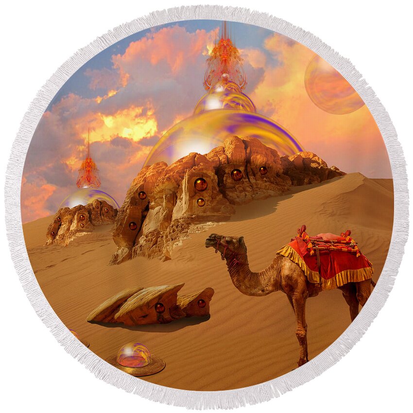 Sci-fi Round Beach Towel featuring the digital art Mystic desert by Alexa Szlavics