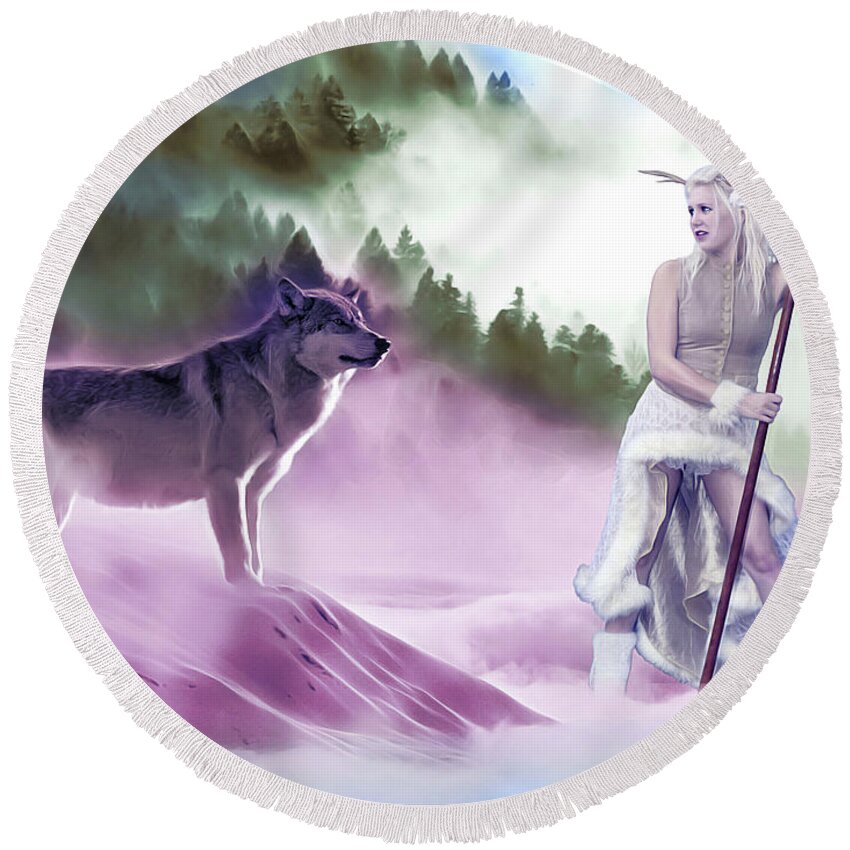 Mystic Round Beach Towel featuring the photograph Mystic Guardian And The Wolf by Jon Volden