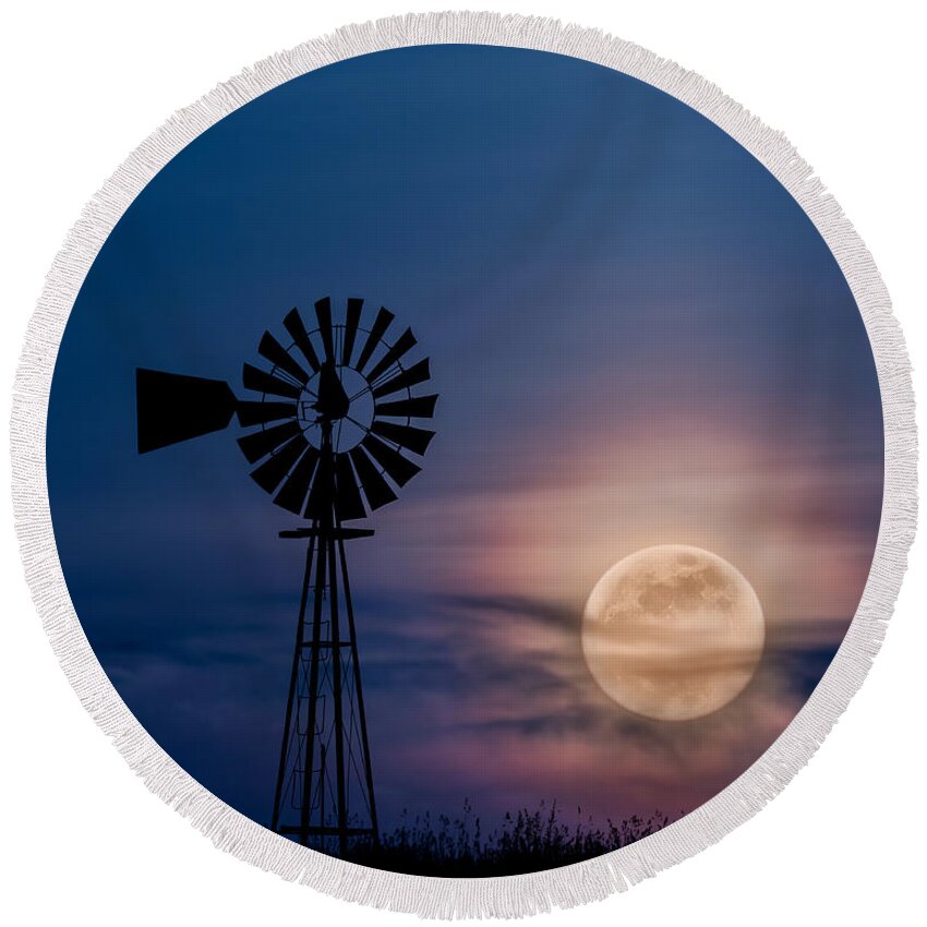 Windmill Round Beach Towel featuring the photograph Mystical Moon by Bill Wakeley