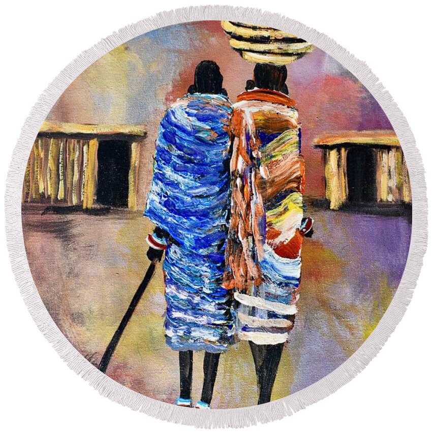 African Art Round Beach Towel featuring the painting N-183 by John Ndambo
